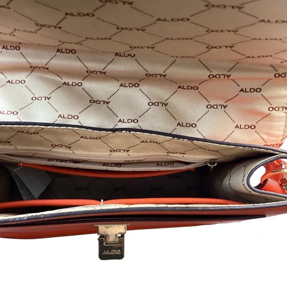 Aldo Orange Saffiano Satchel Handbag Gold Chain Scarf Accent Crossbody Bag